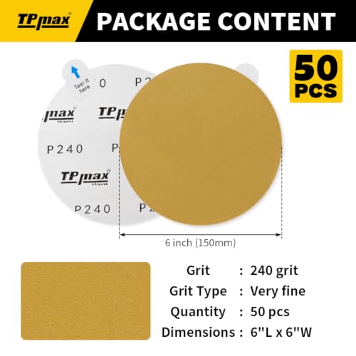 TPmax 6-Inch 240-Grit Gold PSA Sanding Discs, 50 Pack – Pro-Grade Self-Adhesive Stickyback Sandpaper with Quick-Release Tabs for DA Sander, Very Fine Automotive/Wood/Metal Sanding - style: 240 Grit