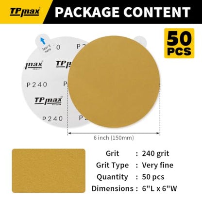 TPmax 6-Inch 240-Grit Gold PSA Sanding Discs, 50 Pack – Pro-Grade Self-Adhesive Stickyback Sandpaper with Quick-Release Tabs for DA Sander, Very Fine Automotive/Wood/Metal Sanding - style: 240 Grit
