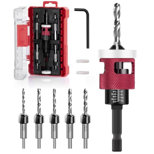 7 Pcs Countersink Drill Bit Set - 5‑Pcs Replaceable 2-Flute TCT Tapered Drill Bits with Low‑Friction Adjustable Depth Stop, 1/4” Hex Shank for Woodworking Tools & Hand Tools