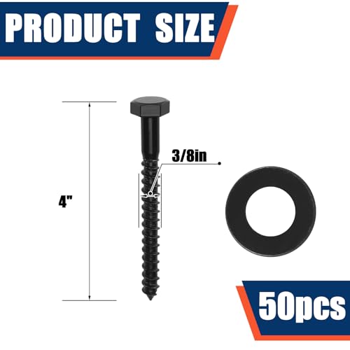 Tandefio 50 Pack 3/8''X 4'' Lag Bolts Screw with Washer Galvanized, Black - size: 3/8''x 4''