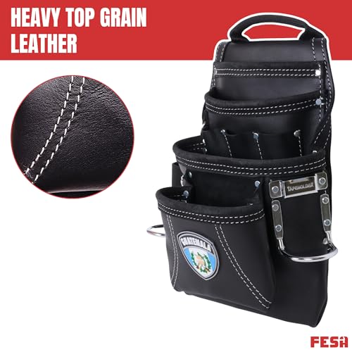 FESA Leather Carpenter Tool Pouch - 10-Pocket Heavy Top Grain Leather Carpenter Pouch with 2 Hammer Loops, Large & Small Pockets - Fits Work Belts up to 3" - Handcrafted - Country-Themed - color: Black - Guatemala
