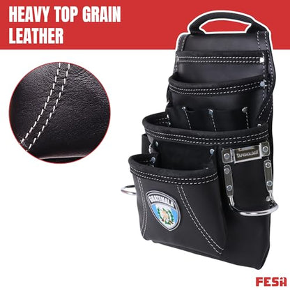 FESA Leather Carpenter Tool Pouch - 10-Pocket Heavy Top Grain Leather Carpenter Pouch with 2 Hammer Loops, Large & Small Pockets - Fits Work Belts up to 3" - Handcrafted - Country-Themed - color: Black - Guatemala