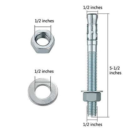 Wensilon 1/2x5-1/2" 10Pcs Inch Standard Fasteners for Heavy-Duty Zinc Wedge Anchors for Cement and Concrete - size: 1/2x5-1/2"
