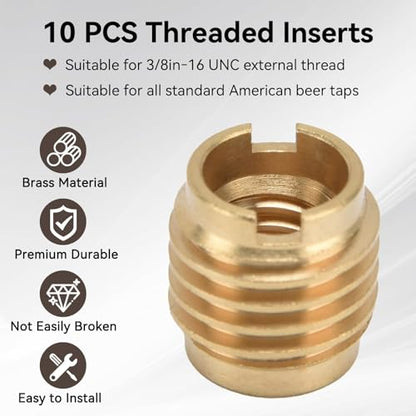 Threaded Inserts, 10 PCS Knife Threaded Insert Brass Dual-Threaded Insert for Wooden Tap Handle Beer Tap Handle Insert Homebrew Hardware Beer Tap Handles for 3/8in-16 Unc External Thread