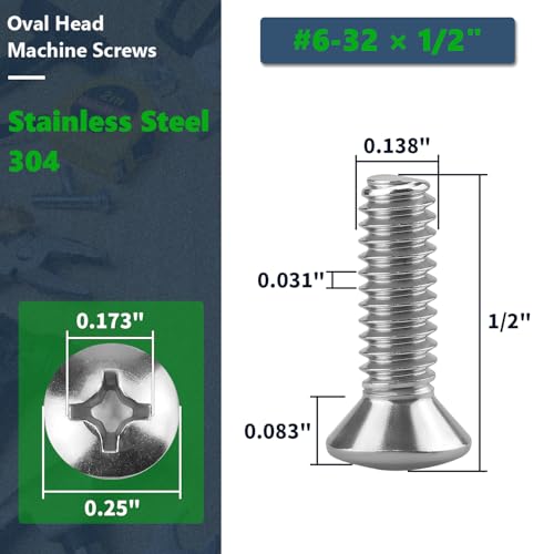 #6-32 x 1/2" (100 pcs) Oval Head Machine Screws, Cross Recess, ASME B18.6.3, 304 Stainless Steel, for Standard Switch Plates & Outlet Covers - size: #6-32 x 1/2"