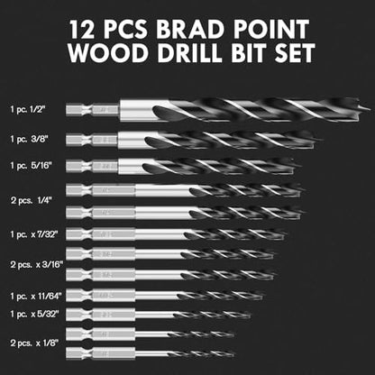 12Pcs (1/8" - 1/2") Hex Shank Brad Point Wood Drill Bit Set - size: Hex Shank (1/8"-1/2") - 12pcs