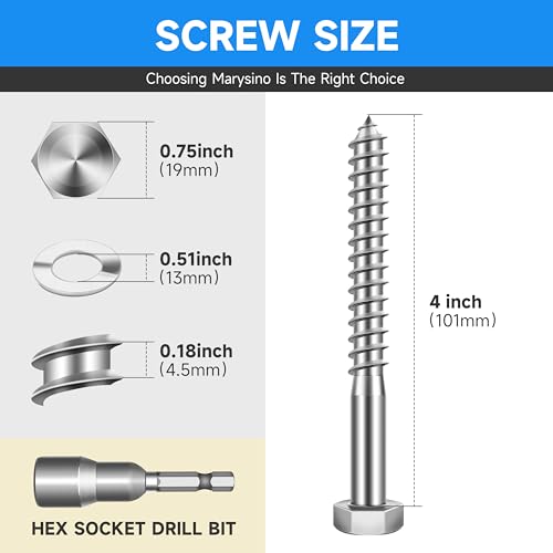 (6-Set) 1/2 x 4 Lag Screws, Stainless Steel Heavy Duty Hex Head Lag Bolts for Wood, Commercial/Industrial Grade 1/4 Bolts, Mounting Screws Bolts Kit, Bright Finish by Marysino - color: Silver, size: 1/2 x 4"