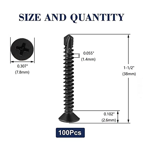 #8 x 1-1/2" Sheet Metal Screws 100Pcs 410 Stainless Steel Flat Head Fast Self Tapping Screws Black Oxide by SG TZH - size: #8 x 1-1/2"