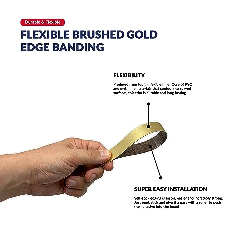 Brushed Gold PVC 1 inch x 25 ft Edge Banding Peel Stick Tape Adhesive Metal Edging Veneer Aluminum Trim Flexible Strip Molding MDF Wood Cabinet Laminate Shelf Furniture Countertop Formica Plywood - color: Brushed Gold, size: 1 inch x 25 ft