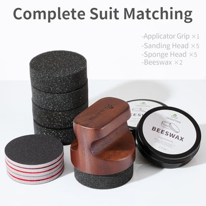 Wood Cutting Board Oil Applicator Kit with Beeswax, Great for Butcher Blocks Counter Tops and Wooden Utensils Wax, Includes Beeswax (7oz), 5 Sponge Heads and 5 Sanding Heads - color: Brown