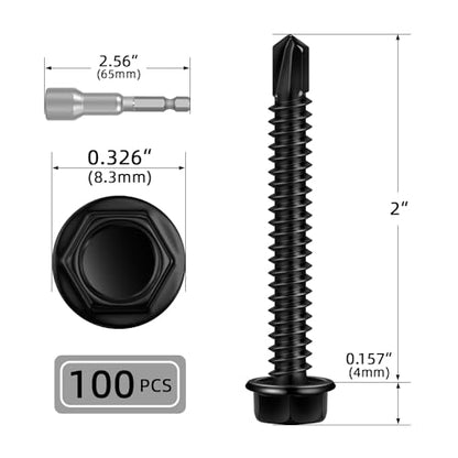 100 PCS #8 x 2 Sheet Metal Screws, Black Hex Washer Head Self Drilling Screw, Flanged Self Tapping Screws, 410 Stainless Steel - size: #8 x 2"