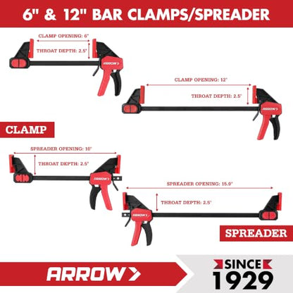 ARROW 4-Piece 6"(2) & 12"(2) Bar Clamps for Woodworking with 150LBS Force - size: 12"(2) & 6"(2)