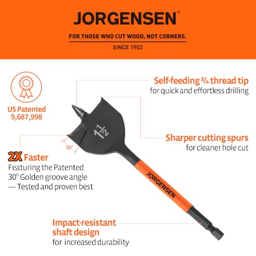Jorgensen 1-1/2" x 6" Spade Drill Bit, 1/4" Hex Shank - size: 1-1/2 in