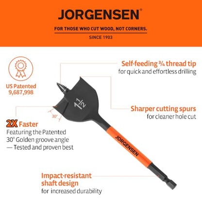 Jorgensen 1-1/2" x 6" Spade Drill Bit, 1/4" Hex Shank - size: 1-1/2 in