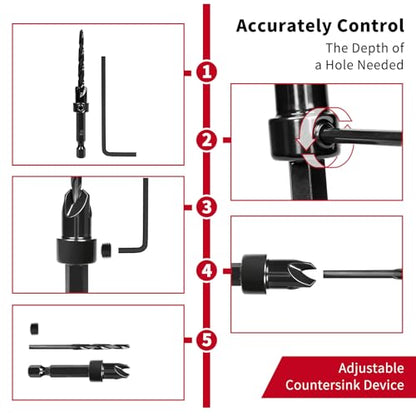 Countersink Drill Bit Set, 15PCS Adjustable Tapered HSS Drill Bit Set for Woodworking, with Nitrided Surface, Wood Plug Cutters 1/4" Hex Shank Quick Change, for Wood Drilling with Storage Box