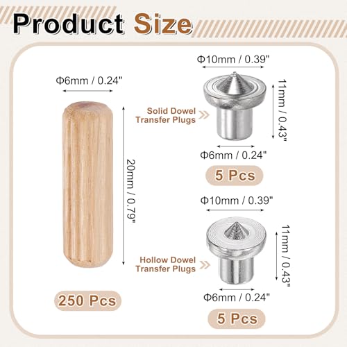 uxcell 250Pcs Wood Dowel Pins, 3/16" x 25/32" Wooden Dowel Rods Straight Grooved Pins with 10Pcs Solid Hollow Dowels Tenon Center Transfer Plugs for Furniture Woodworking DIY Project - size: 3/16" x 25/32" Dowel