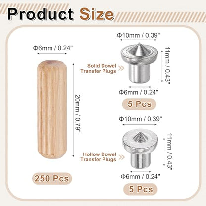 uxcell 250Pcs Wood Dowel Pins, 3/16" x 25/32" Wooden Dowel Rods Straight Grooved Pins with 10Pcs Solid Hollow Dowels Tenon Center Transfer Plugs for Furniture Woodworking DIY Project - size: 3/16" x 25/32" Dowel