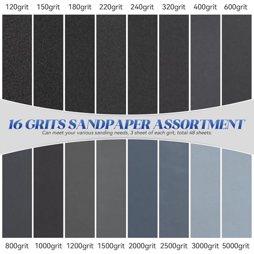 48 PCS Sandpaper, Wet Dry Sand Paper 120 to 5000 Assorted Grit Variety Sandpaper Sheets for Wood Furniture Finishing, Metal Sanding, Automotive Polishingm, 9 x 3.6 Inch