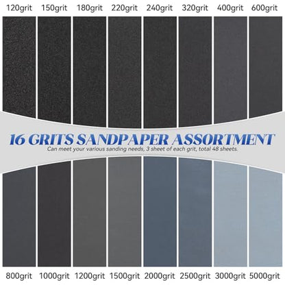 48 PCS Sandpaper, Wet Dry Sand Paper 120 to 5000 Assorted Grit Variety Sandpaper Sheets for Wood Furniture Finishing, Metal Sanding, Automotive Polishingm, 9 x 3.6 Inch