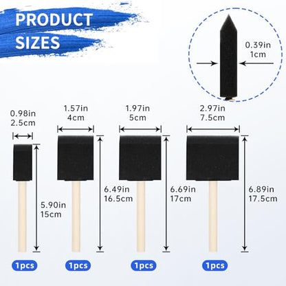 4 PCS Foam Paint Brushes Set, 1" 1.57" 2" 3" with Wooden Handle