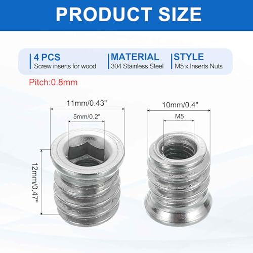MECCANIXITY 4Pcs Threaded Inserts Nuts, M5x12mm Hex Socket Drive Nut Inserts for Wood - 304 Stainless Steel Screws Furniture Screw in Nuts Bolt Fastener Connector Wood - size: M5x12mm