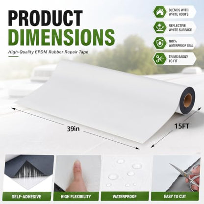 Pushglossy 1 Roll EPDM Rubber Roofing Membrane 50 Mil, 39" x 15 Ft, White - color: White, size: 39" x 15 Ft