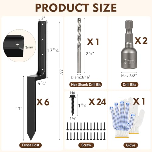 6-Pack Fence Post Saver Kit, 1/8-Inch 11-Gauge Galvanized Steel Ground Anchors, No-Dig Repair Spike for 4x4 & 6x6 Wood Posts, Heavy-Duty H-Shape Stake with Double-Layer Rust Shield
