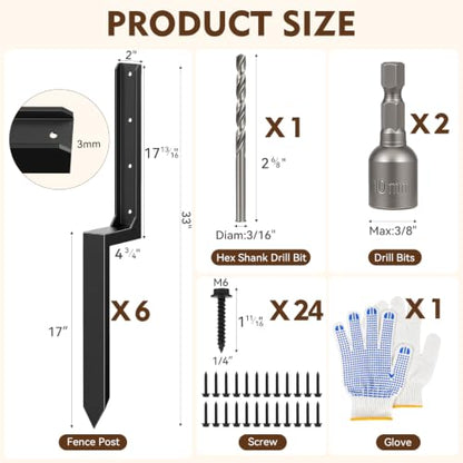 6-Pack Fence Post Saver Kit, 1/8-Inch 11-Gauge Galvanized Steel Ground Anchors, No-Dig Repair Spike for 4x4 & 6x6 Wood Posts, Heavy-Duty H-Shape Stake with Double-Layer Rust Shield