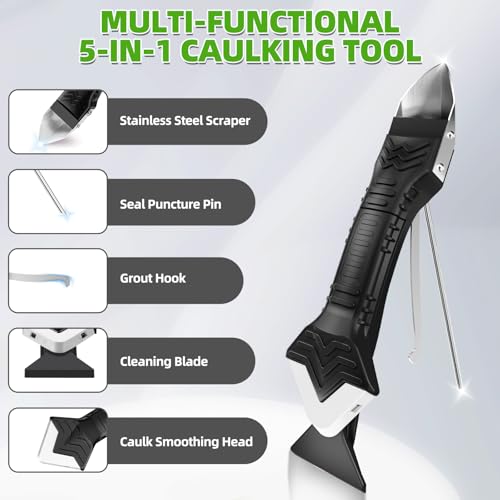 5 in 1 Silicone Caulking Tool Kit, Caulk Remover Tool with Stainless Steel Head,Caulk Finishing Tool with Different Angles,Grout Removal Tool for Kitchen Sink Washroom Bathroom Toilet Caulking (White) - color: White