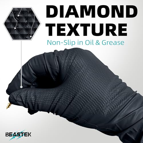 BEASTEK Nitrile Disposable Gloves, 8Mil Latex & Powder Free Chemical Resistant Heavy Duty Food Safe Diamond Glove Black 50Pcs - color: Small (Black)