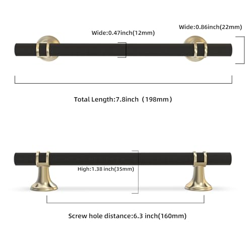 10 Pack 6.3 Inch Black and Gold Kitchen Cabinet Handles - color: Black and Brushed Gold Knurled, size: 6-1/4'' Hole Center(160mm)