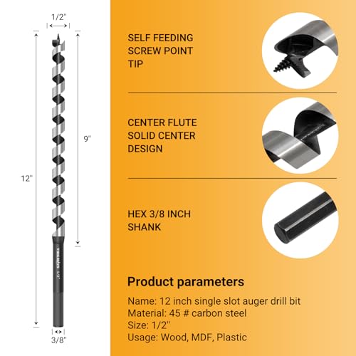 1/2 x 12 Inch Auger Drill Bit for Wood Drywall Plastic - size: 1/2" x 12"