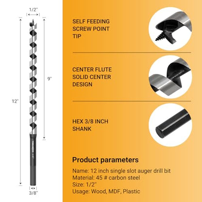 1/2 x 12 Inch Auger Drill Bit for Wood Drywall Plastic - size: 1/2" x 12"