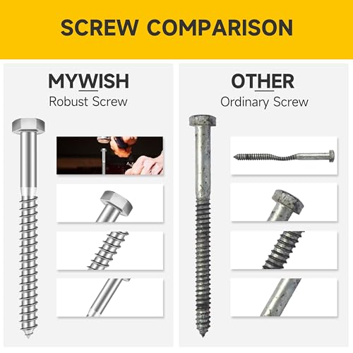(4Sets) 1/2" x 6" Hex Head Lag Bolts, Heavy Duty Lag Screws with Washers, 304 Stainless Steel Bolts 18-8, Lag Screws Wood Screws, Partial Thread Bright Finish, 1/2 Bolt by Mywish - size: 1/2 x 6" (4 set)