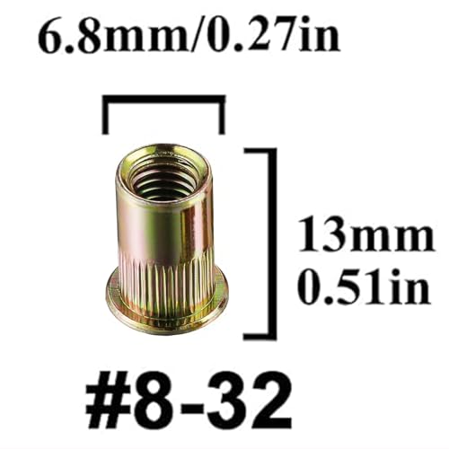 Rivet Nut #8-32 UNC 150Pcs Yellow Zinc Plated Finish Flat Head Knurled Body - color: YELLOW, size: #8-32