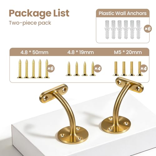 2-Pack Wall Mount Handrail Bracket, Stainless Steel 304 for Wood & Metal Stair Railing, Support Flat Surface Square Tube, Satin Gold Finish - size: Stainless Steel 304, style: 2 Pack-Gold