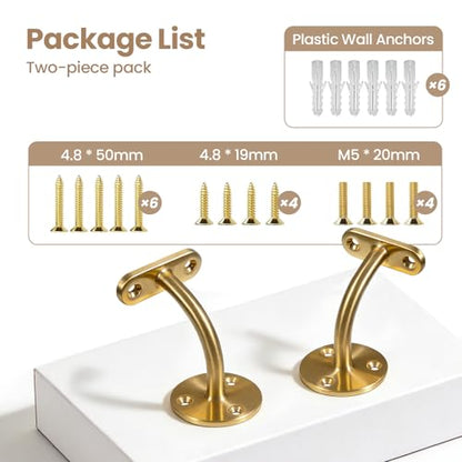 2-Pack Wall Mount Handrail Bracket, Stainless Steel 304 for Wood & Metal Stair Railing, Support Flat Surface Square Tube, Satin Gold Finish - size: Stainless Steel 304, style: 2 Pack-Gold