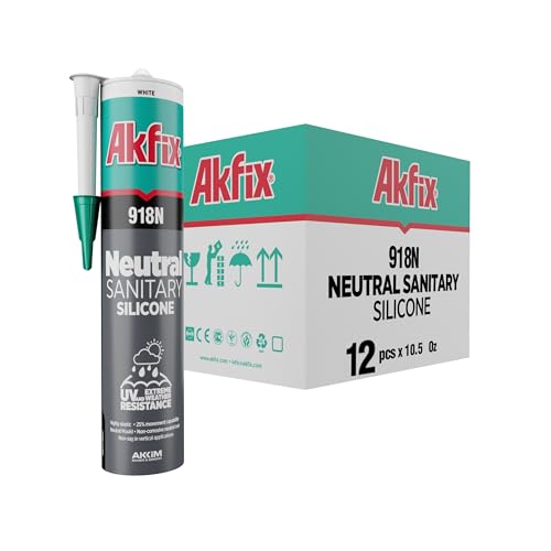 Akfix 918N Gray 100% Silicone Caulk for Kitchen and Bathroom (12x10.5 fl.oz.) - Solvent-Free, Low Odor, UV & Water Resistant, Fast Curing, Non-sag, High Elasticity Silicone Sealant | Grey, 12 Pack - size: 12 Pack, style: Kitchen&Bath Silicone-Gray