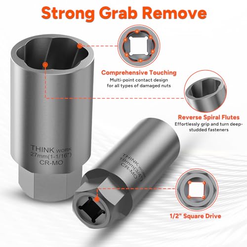 10-Piece Locking Lug Nut Removal Tool, 1/2" Drive Lug Nut Extractor Set - size: W6159-10-PCS