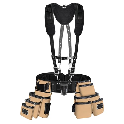 Fueri Electrician Tool Belt and Suspender Combo, Back Support Padded Belt - color: Black and Beige Tool Belt With Suspender, size: Medium ( 30'' - 36'' )