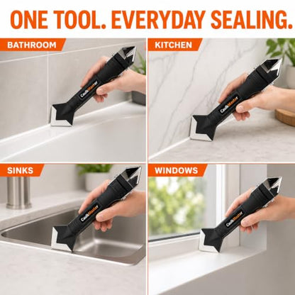 3-in-1 Caulking Tool Kit with Stainless Steel Caulk Remover and 5 Silicone Finishing Pads for Bathroom, Kitchen, Shower, Sink, Tile and Windows