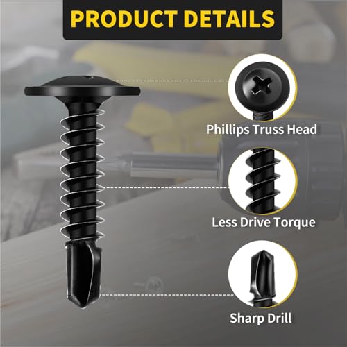 Sheet Metal Screws #8 x 3/4", 125pcs FIXLINK Phillips Modified Truss Head Self Tapping Screws for Metal, Self Drilling Screws, Black - color: Black, size: #8 x 3/4"