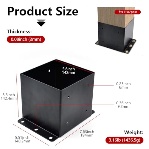 2 Pcs 6x6 Deck Post Base Bracket,Inner Size 5.6"x5.6" Post Base Bracke - color: 6x6(2 PACK)