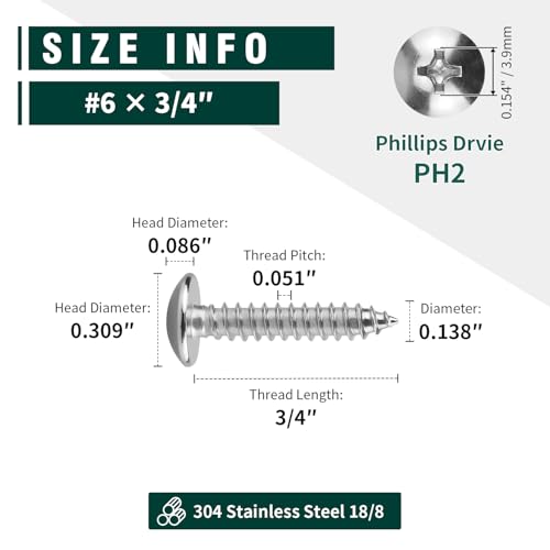 #6 x 3/4" Truss Head Wood Screw, Phillips Truss Head Self Tapping Sheet Metal Tek Screw, 18-8 Stainless Steel 304, Brgiht Finish, 100 PCS - size: #6 x 3/4"