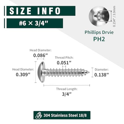 #6 x 3/4" Truss Head Wood Screw, Phillips Truss Head Self Tapping Sheet Metal Tek Screw, 18-8 Stainless Steel 304, Brgiht Finish, 100 PCS - size: #6 x 3/4"