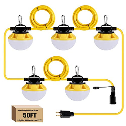 LED Construction String Light 50FT, 50W 6000Lm,18AWG Wire,5000K Linkable String Work Lights with 5 Bulbs & Hooks, Industrial Temporary Lighting for Construction Site, Crawl Space,Job Site,Attic - size: 50FT-2Prong