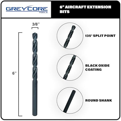 Greycore Tools 3/8 Inch x 6 Inch Black Oxide Aircraft Extension Bit 2-Pack – Long Drill Bit for Steel, Wood, Plastic and Aluminum - Round Shank, Split Point (3/8" x 6") - size: 3/8" x 6"