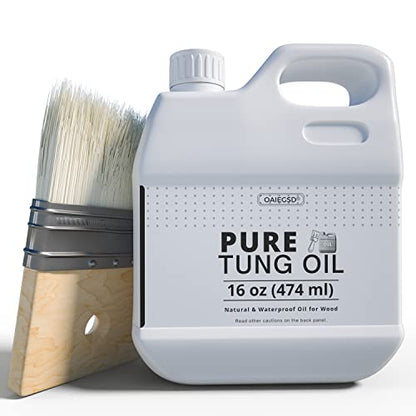 16oz 100% Pure Tung Oil with Brush, Food Safe Waterproof Low Odor - size: 16 FI Oz