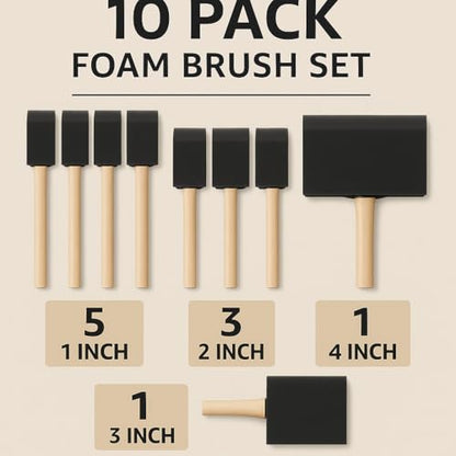 10 Pack Foam Brush Set – Assorted Sizes: 1 inch, 2 inch, 3 inch, 4 inch – Disposable Brushes for Paint, Varnish & Polyurethane – Lightweight Wood Handles