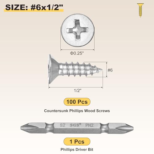 METALLIXITY 101Pcs #6x1/2 Countersunk Phillips Wood Screws Kit SS304 - color: Silver, size: #6x1/2"